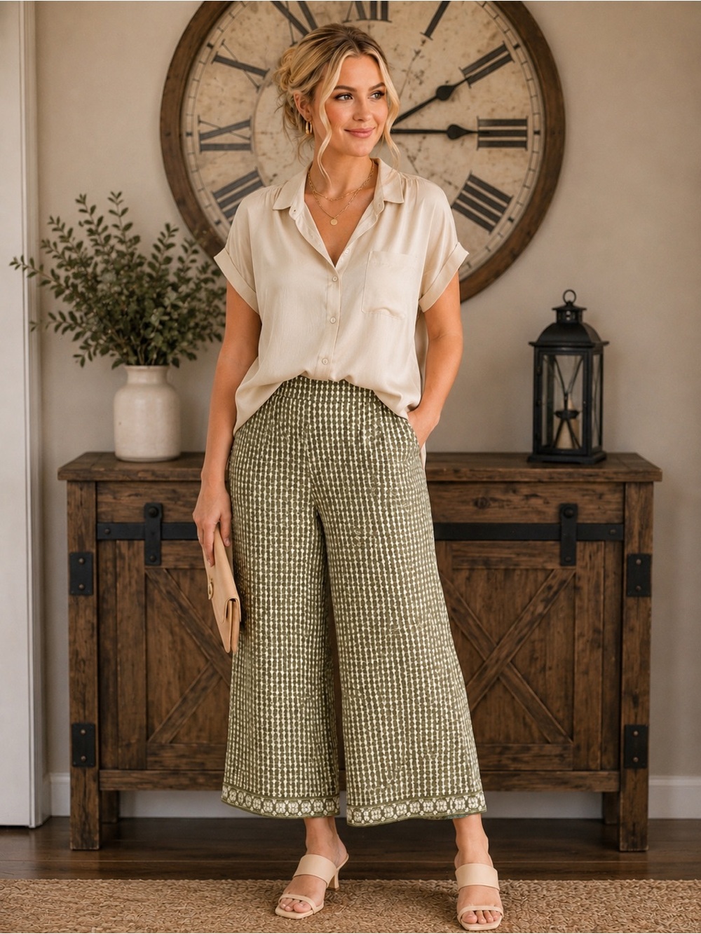 NWT Max Studio 2X Olive Green Patterned Wide-Leg Pants